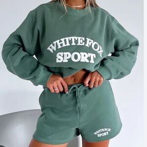 White Fox Sweat Short and Crew Neck Set Dusty Olive